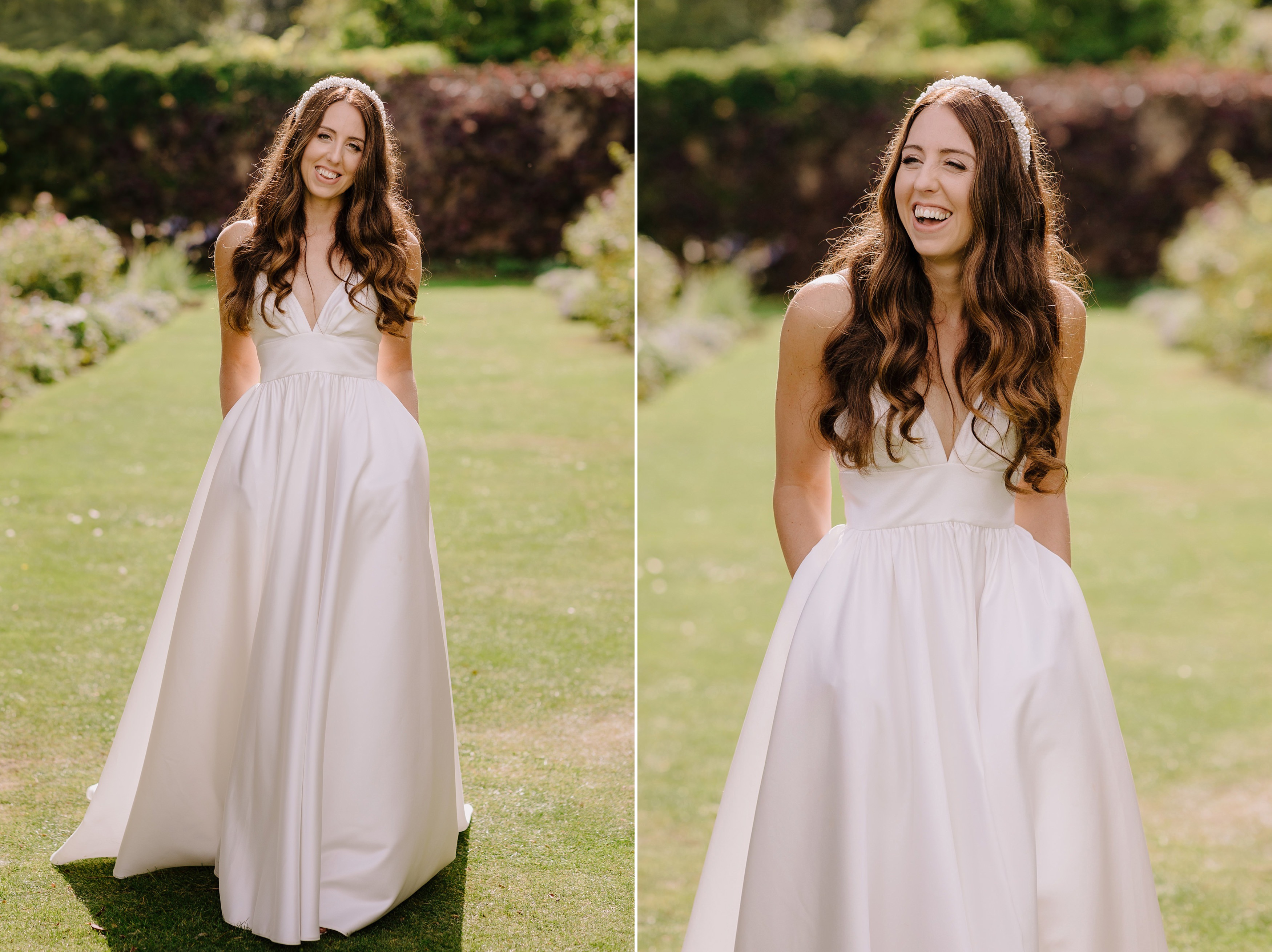Two photos of the bride in the Goodnestone gardens with her hands in the pockets of her wedding dress